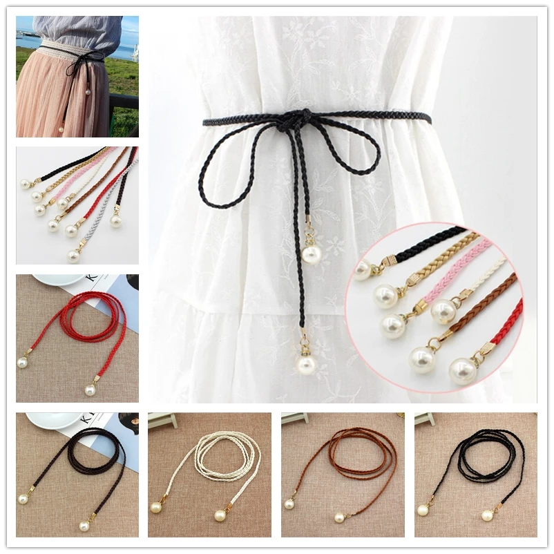 

Fashion Thin PU Leather Belt Simulated Pearl Elastic Waist Belts Women Dress Skirt Decoration Fashion Girles Gifts Women Belt