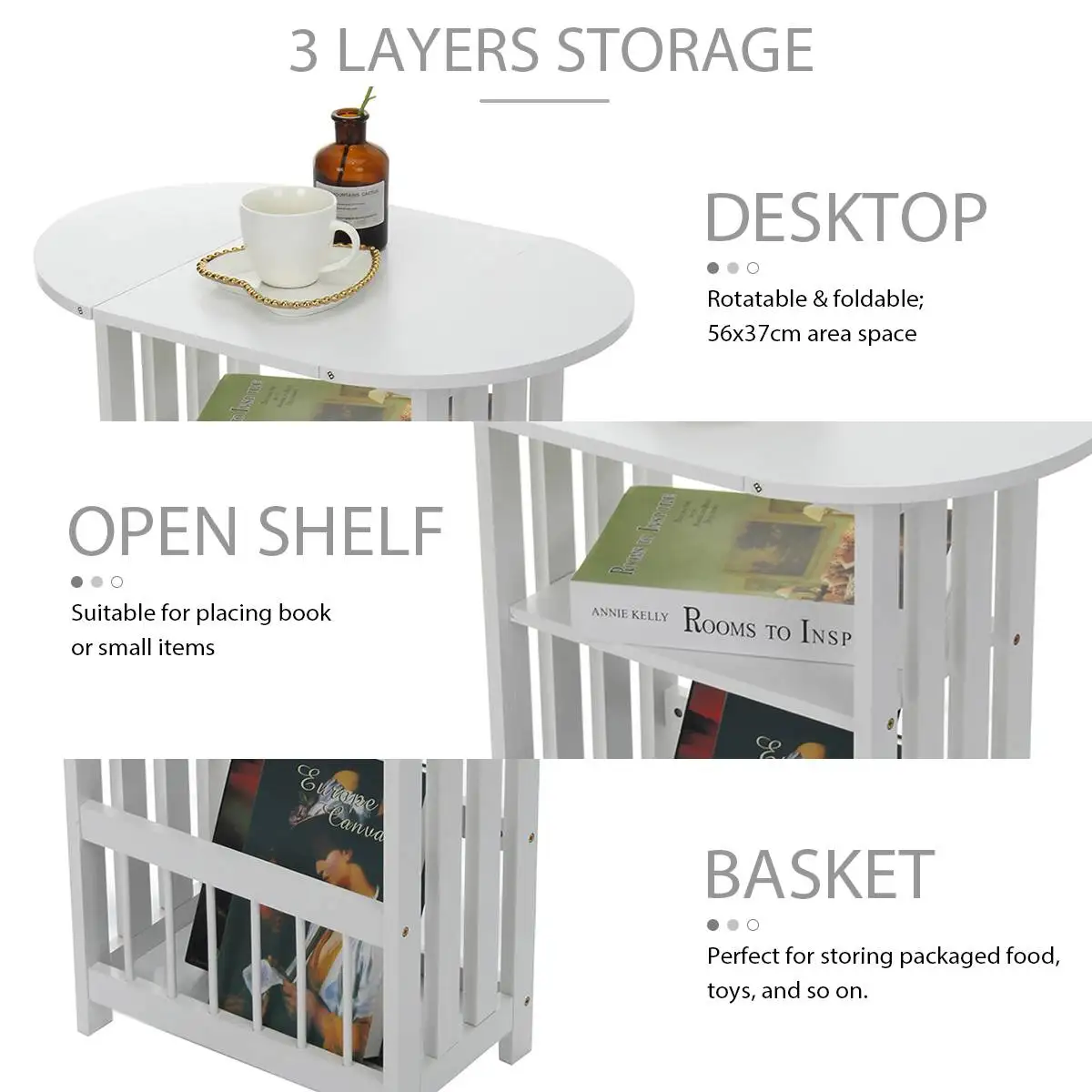 

Double-deck End Tea Table Coffee Table Modern Foldable and Rotatable Density Board Storage Racks Holders White Home End Table