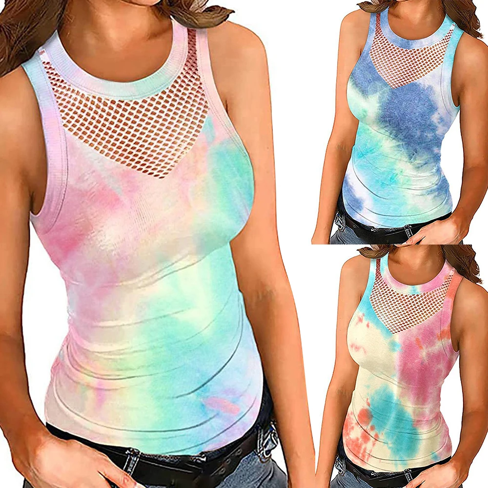 

Women Vest Summer New Round neck Tie-dye Pullover Mesh Breathable Sleeveless Stitching T-shirt Top Skinny Hollow Crop Tops