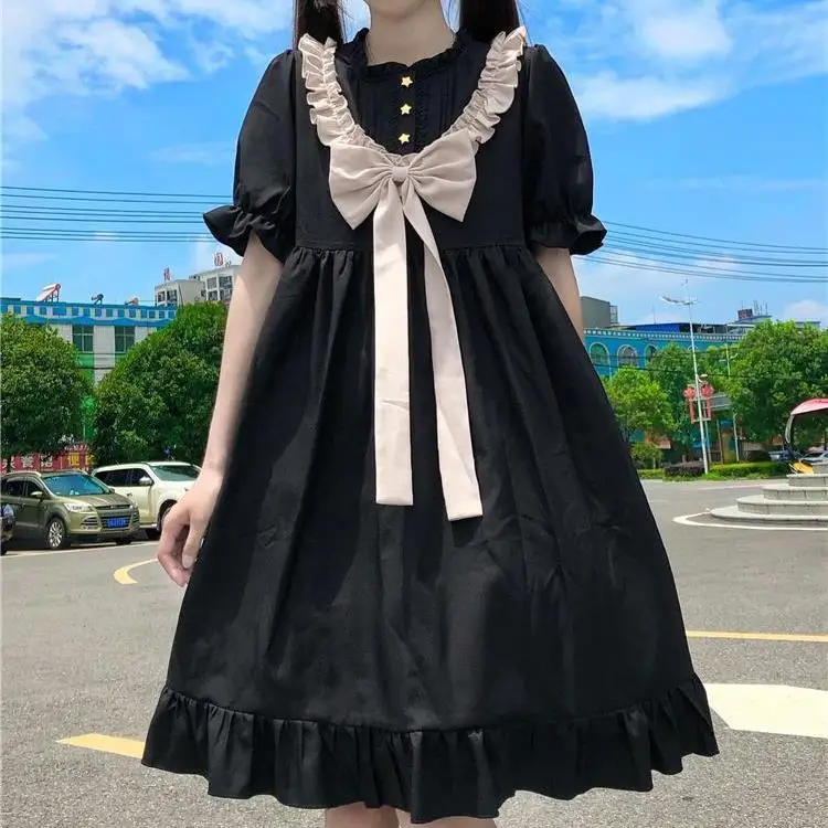 

Japanese sweet dark bow short sleeve dress female student summer new college style Lolita skirt