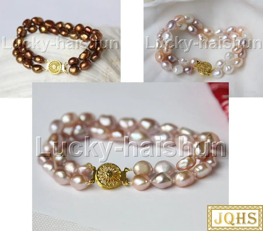 

JQHS natural 8" 11mm Baroque potato purple pink white Assorted coffee pearls Beaded Strand knotted bracelet j11875-2