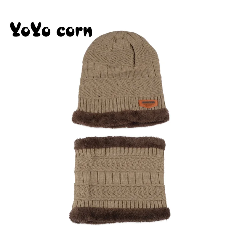 YOYOCORN бархатная шапка для родителей и детей, комплект из 2 предметов, очень теплая зимняя Балаклава, вязаные шапки и шарфы для детей 3-13 лет, шапки для мальчиков и девочек - Color: Hat and bib Khaki