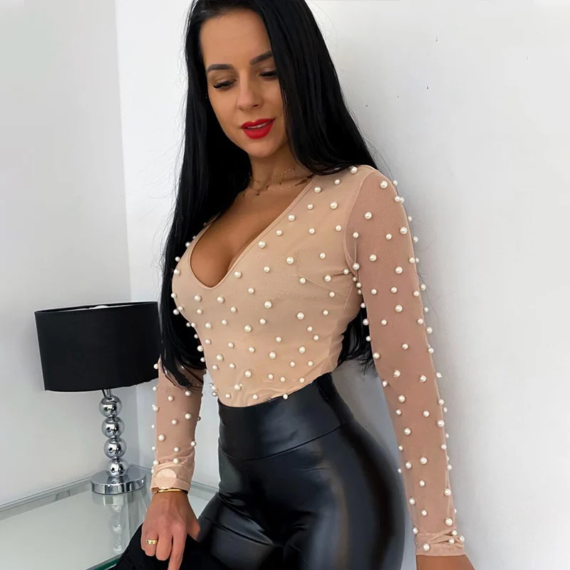 

Mesh Pearl Women Sexy Slim Outfit Patchwork 2021 AutumnSummer Casual Long Sleeve Shirt Tops Black V-Neck Female Shirts