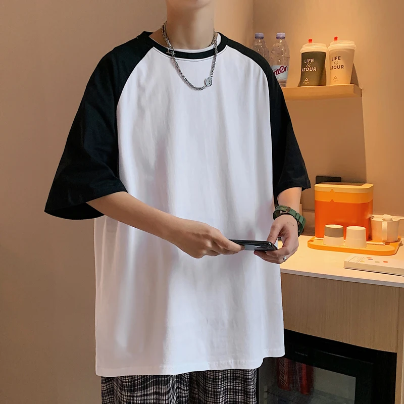 

White Black Patchwork Hit Color 100% Cotton Oversized Men T Shirt Short Sleeve Summer Loose Harajuku Woman Clothing Vintage 2021
