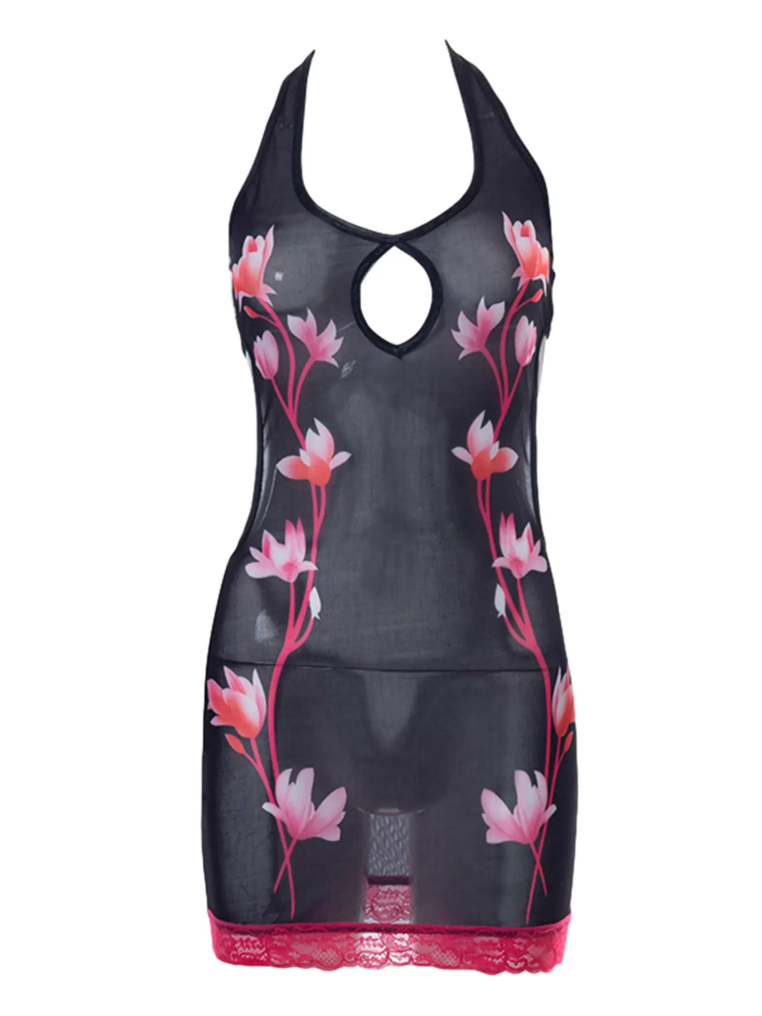 

Women Summer See-through Halter Dress, Adults Female Sleeveless Hollow Out Tie Up Flower Print Lace Trim Vestidos
