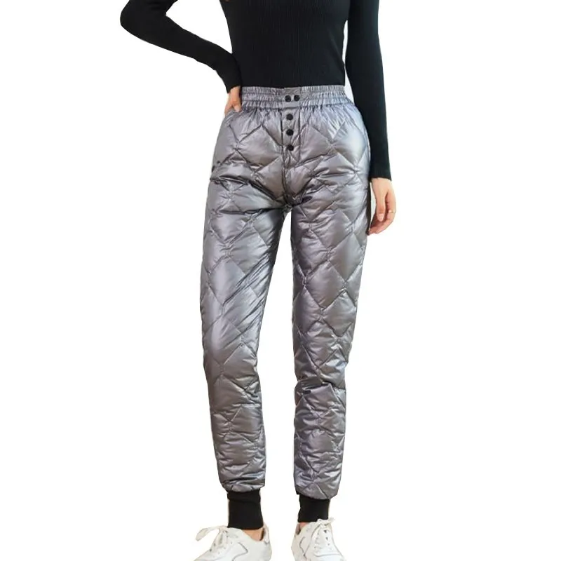 

Новинка 2021, женские плотные пуховые хлопковые брюки, женские теплые зимние черные Серебристые брюки с высокой талией, повседневные женские ...