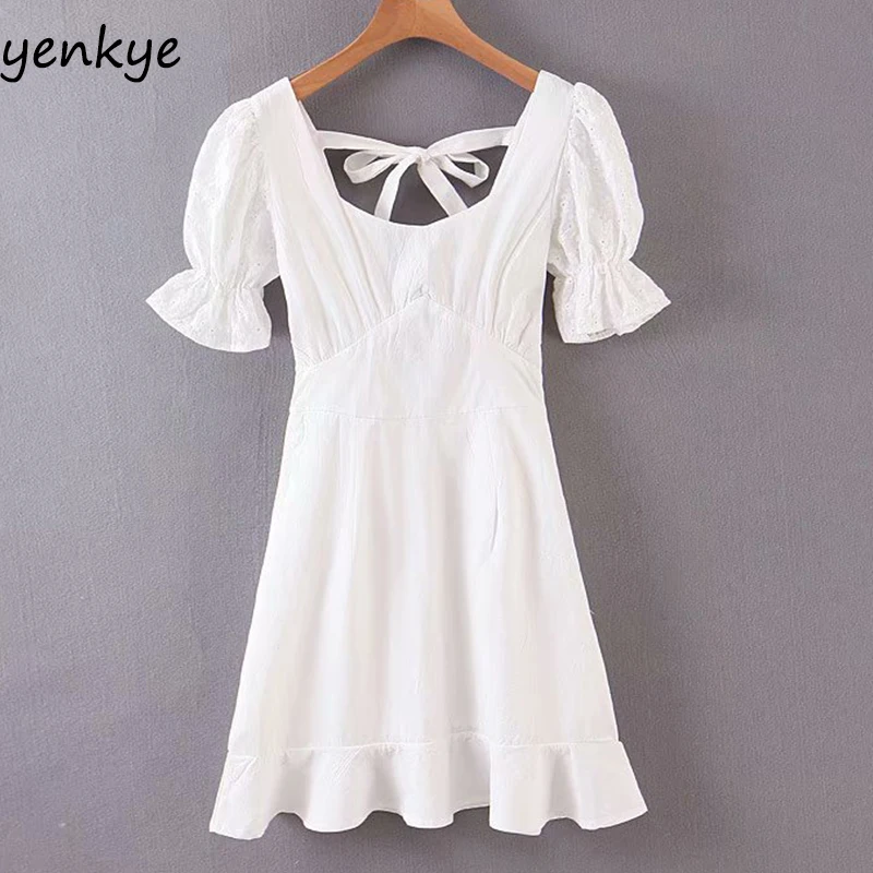 Женское мини платье с открытой спиной Элегантное летнее белое ТРАПЕЦИЕВИДНОЕ