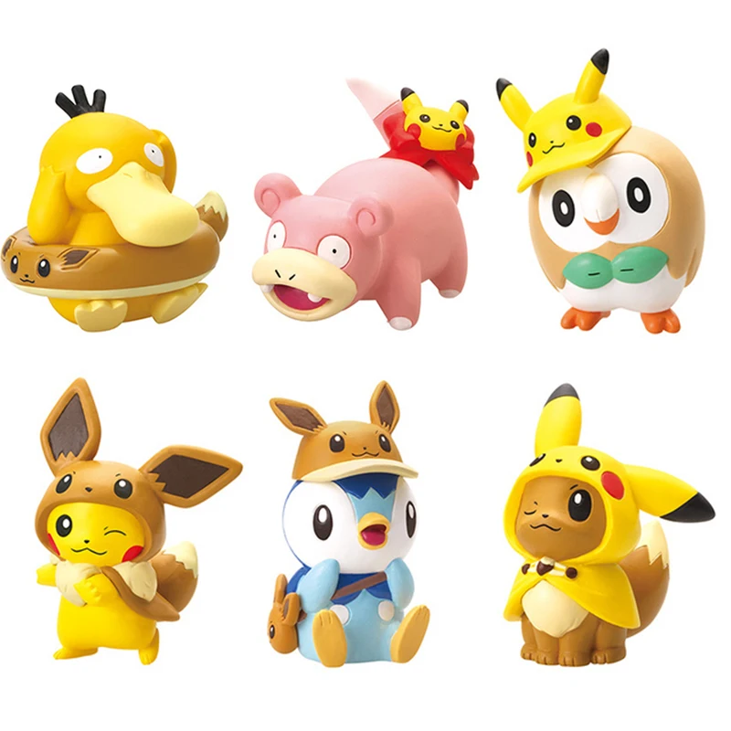 6Pcs/Set Cartoon Slowpoke Rowlet Eevees Psyduck Piplup Action Figure Toys Anime Pokemones Collections Gifts for Kids - купить по