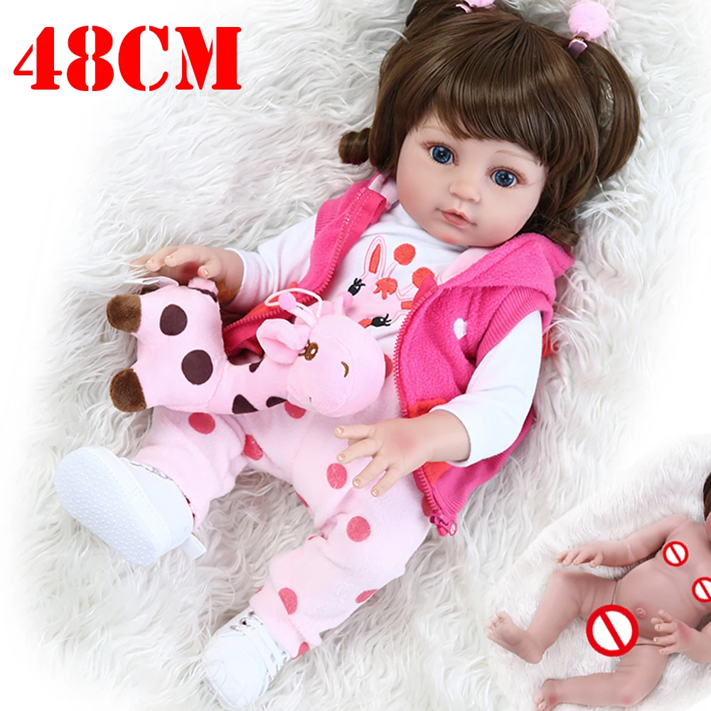 

NPK DOLL Curly hair 48CM bebe reborn toddler girl doll in pink dress full body soft silicone baby Bath toy waterproof
