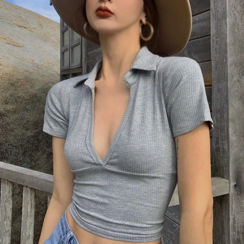 

Fashion V Neck Slim Female Tops Summer Tee Shirts Women Knitted Short Sleeve T-Shirt