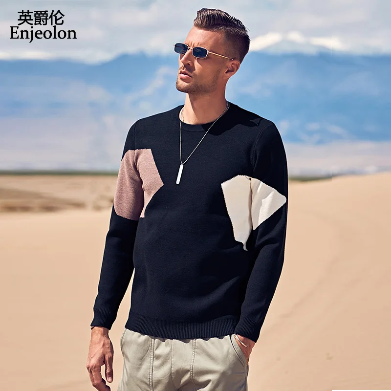 Enjeolon New Sweaters Men Autumn Winter Patchwork Knitted Quality Pullover O-neck Casual Men's Sweater Plus M-3XL MY3448 | Мужская