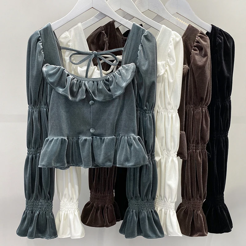 

Spring Fall Vintage Women Ruffles Flare Sleeve Black Grey White Velvet Top Shirt Blouse , Woman Casual Slim Velour Tops Blouses