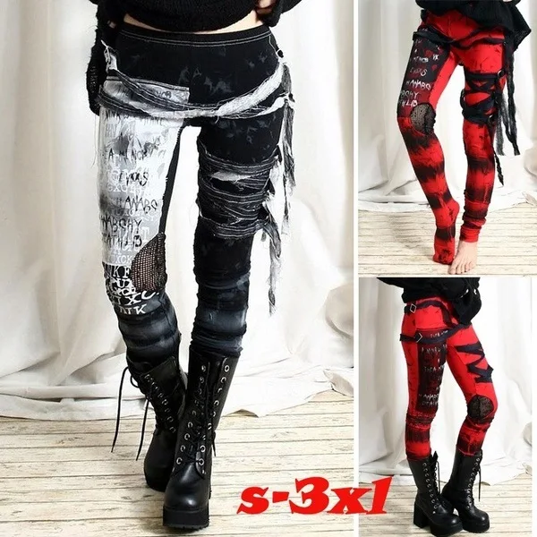 

QNPQYX Women's Gothic Distressed Punk Tie Dye Tights Pant Hot Sale Cool Ultra Gathered Pants Gothic Rocker Pantalon Femme Hiver