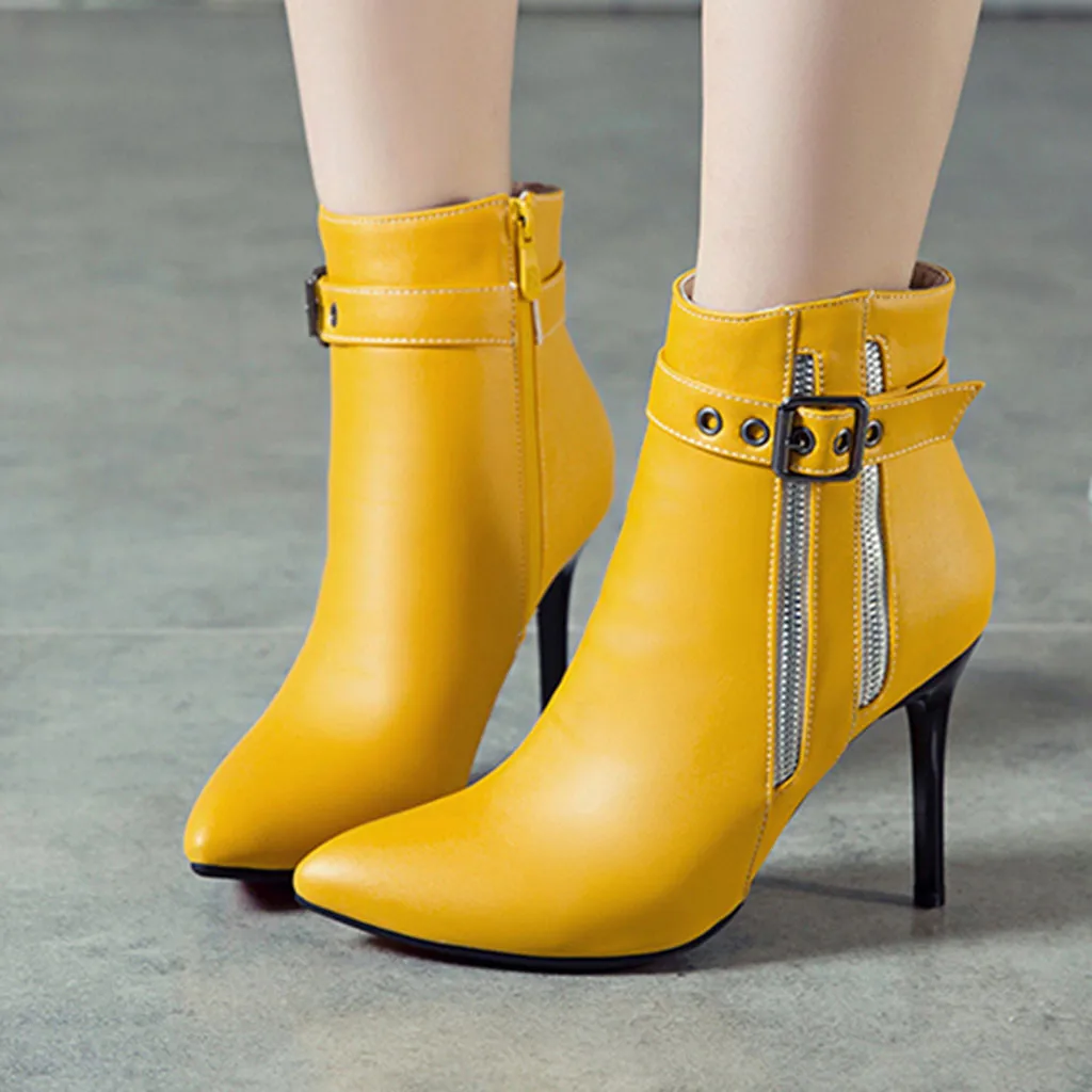 Белый Туфли на высоком каблуке с пряжкой ремешке Сапоги молнии Женские модные