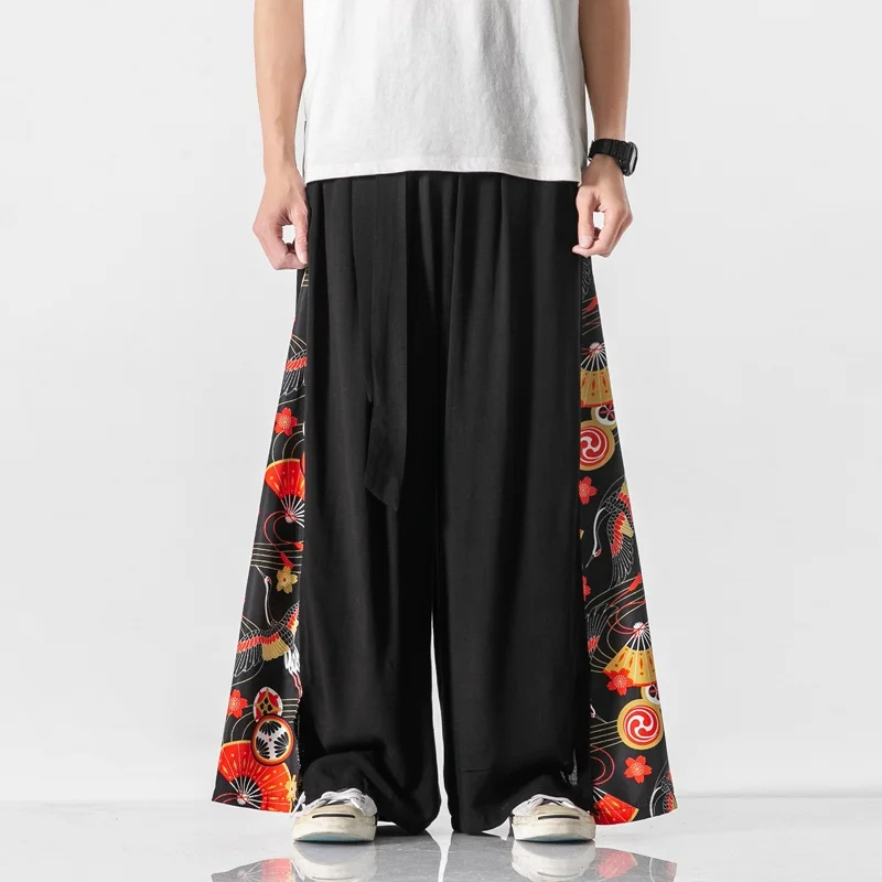 

Cotton Linen Wide Leg Pants Mens Chinese Style Patchwork Vintage Man Trousers 2021 Summer Harem Pants Male Fashion Pants KK3839