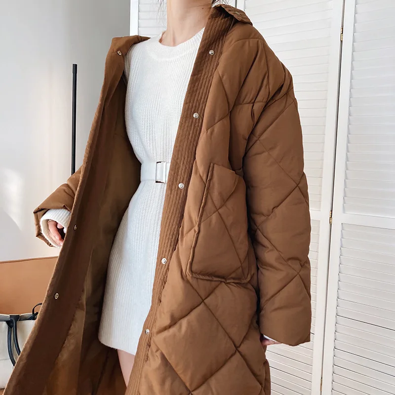 

Женское Стеганое пальто, длинная Повседневная парка большого размера с воротником-стойкой и ромбовидным узором, в Корейском стиле, зима 2021