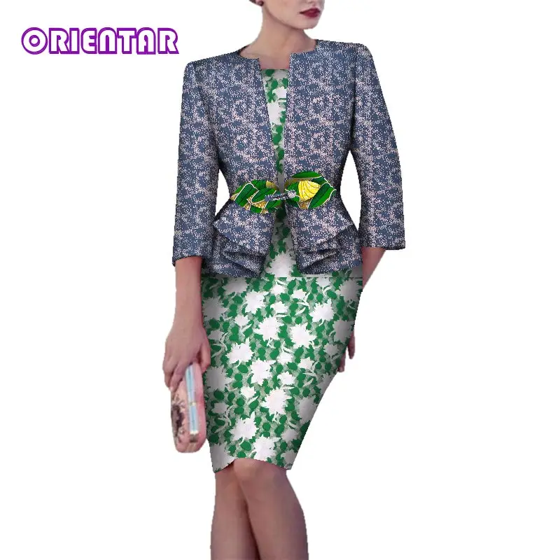 2020 Elegant Women African Dress with Coat Bazin Riche African Print Cotton African Lace Dress Lady Office Short Dresses WY5944