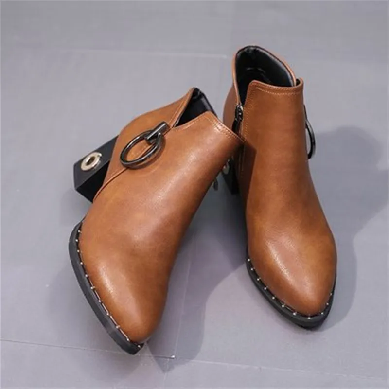 Winter Ankle Boots Women Rivets Platform Block Heel Female Zipper Pointed Toe High Heels Pumps Ladies Fashionable Shoes | Обувь