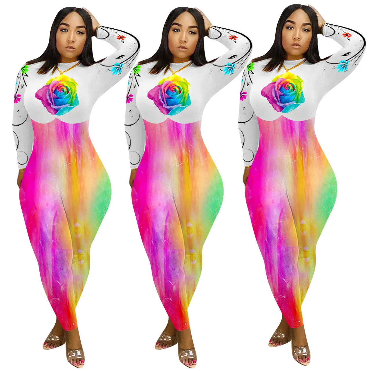 Цветочный принт розы цветной летний женский комбинезон в европейском и