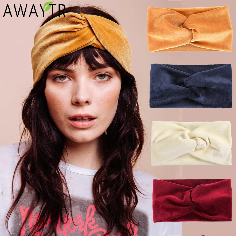 Женская бархатная повязка на голову AWAYTR с широким узлом эластичная лента для