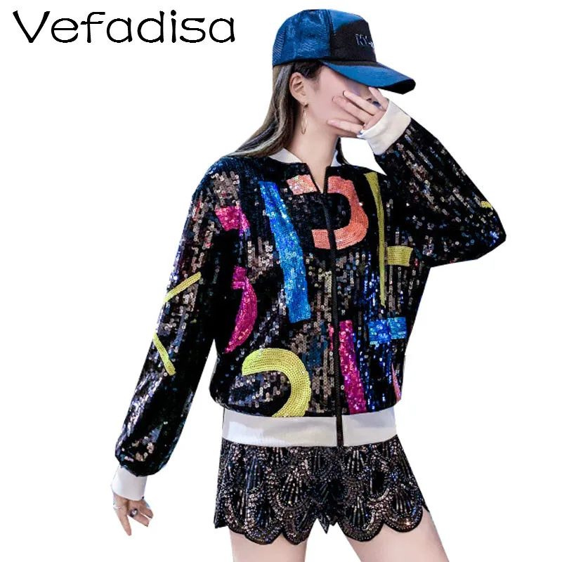 Женская Блестящая куртка Vefadisa ZQY239B черная серебристая с разноцветным принтом