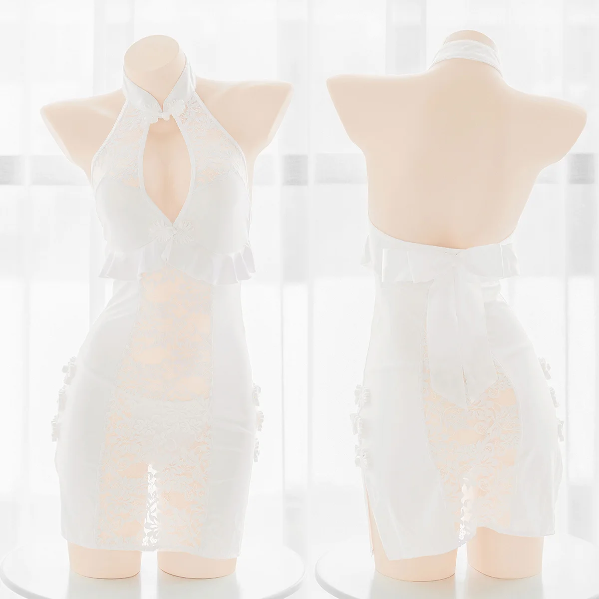 

Винтажное кружевное прозрачное пикантное Чонсам в китайском стиле, белое платье с открытой грудью, открытой спиной, лямкой на шее и оборкам...