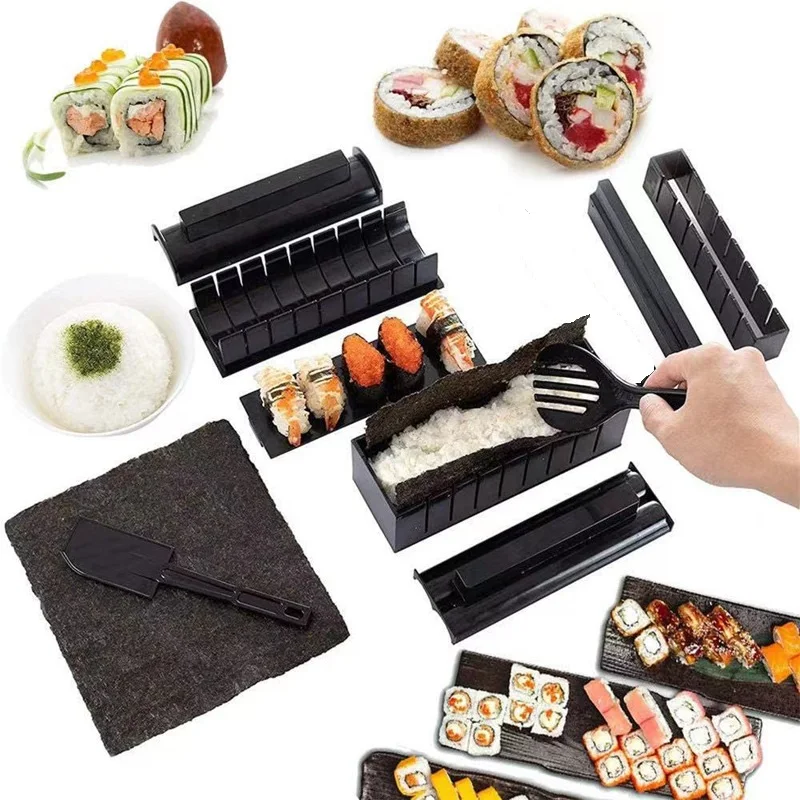 

10 Pieces Plastic Sushi Making Kit DIY Home Kitchen Sushi Maker Tool Complete with Sushi Rice Roll Mold Shapes Fork Spatula