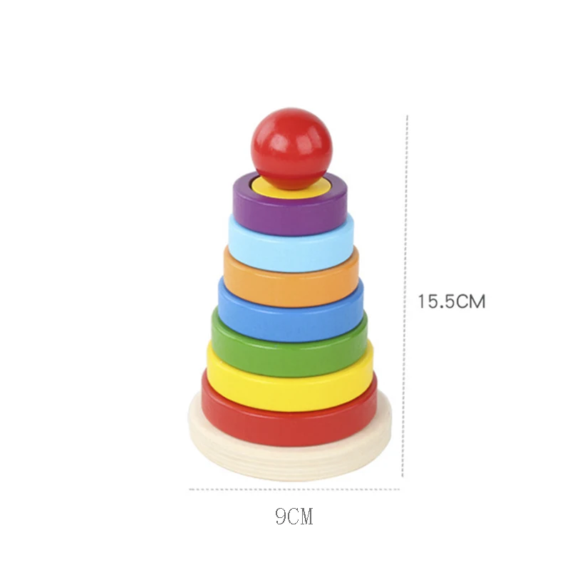 

Children's wooden stacked rainbow tower blocks early learning geometric shape matching assembled educational toys