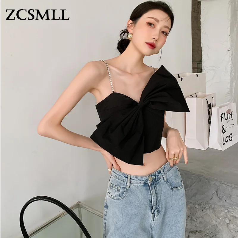 

Женский короткий топ ZCSMLL, однотонный черный топ с бантом и цепочкой со стразами, весна-осень 2021