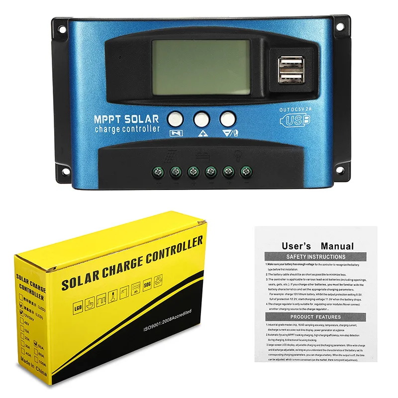 Контроллер заряда солнечной батареи MPPT 30/40/50/60/100A с двойным USB ЖК-дисплеем 12 В 24