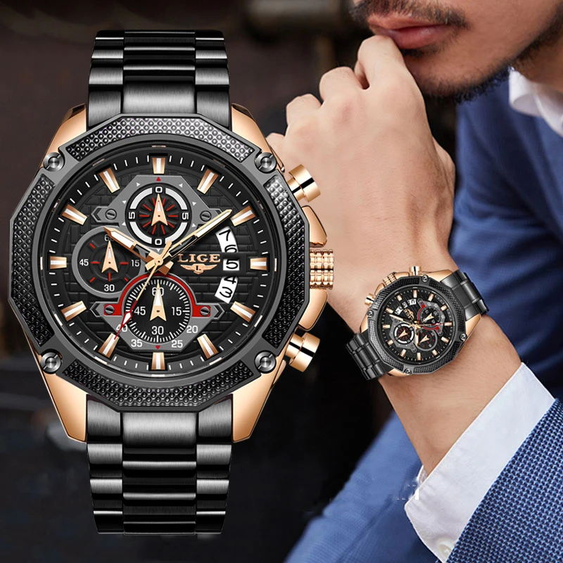 Часы наручные LIGE Мужские кварцевые брендовые Роскошные спортивные