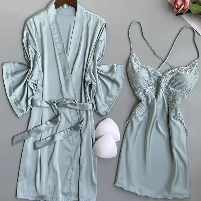 

Brial Wedding Robe Set Women Satin LOOSE Kimono Bathrobe Gown Sexy V-Neck Bridesmaid Sleepwear Rayon Lady 2PCS Nightgown Suit