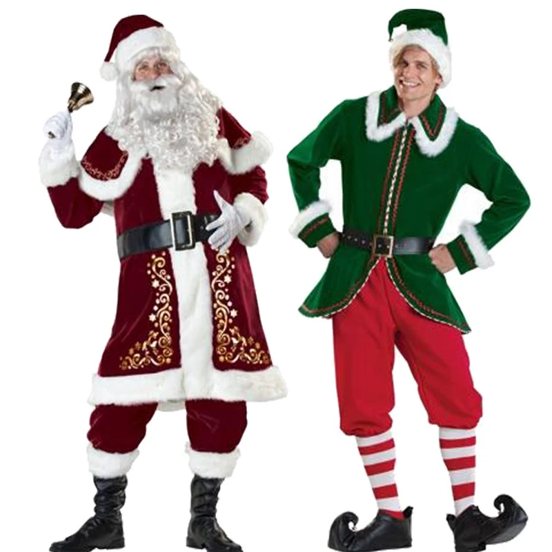 

Christmas Santa Claus Costume Beard Lots Men Cosplay Santa Claus Clothes Fancy Dress In Christmas women Costume Suit For Adults