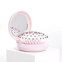 portable round mirror hair comb folding massage hair brush pink mini airbag comb travel hairbrush makeup styling comb