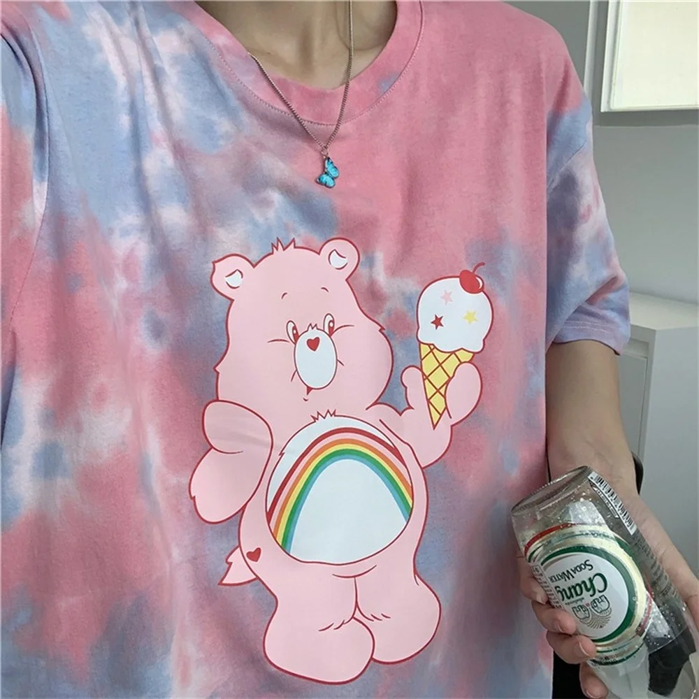 

2021 Summer New Short Sleeve T shirt Women Loose Oversized Tops Korean Style Tie Dye Pink Clothes Cute Japanese Aesthetic Tshirt