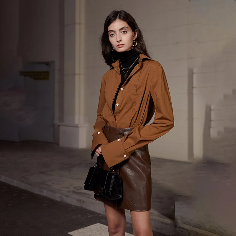 

Pleated Women Caramel Cuff Vintage Blouse New Lapel Long Sleeve Loose Fit Shirt Fashion Tide Spring Autumn 2021 1DD1999