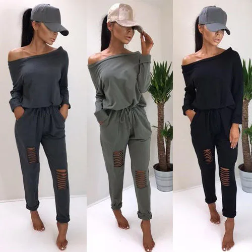 

Off Shoulder 2021 Autumn Jumpsuit Femme Punk Style Holes Jumpsuits Street Fashion Women Sexy Long Sleeve Slash-Neck Romper GV946