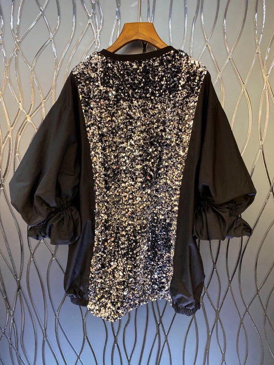 

2020 autumn and winter new women's round neck sequins sparkling stitching bubble bat sleeve all-match shirt 1011