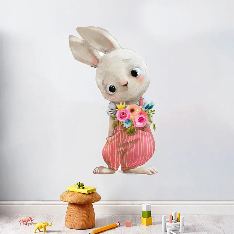 Cute Bunny Wall Stickers for Children Kids Rooms Girls Baby Room Bedroom Decoration Nursery Cartoon Animals Rabbit WallPaper | Дом и сад