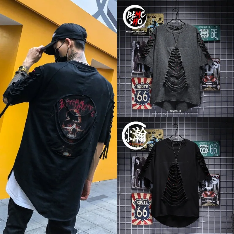 

Fashion trend hip-hop street skull t-shirt summer trend hole short-sleeved T male loose hip-hop tide brand half-sleeved top