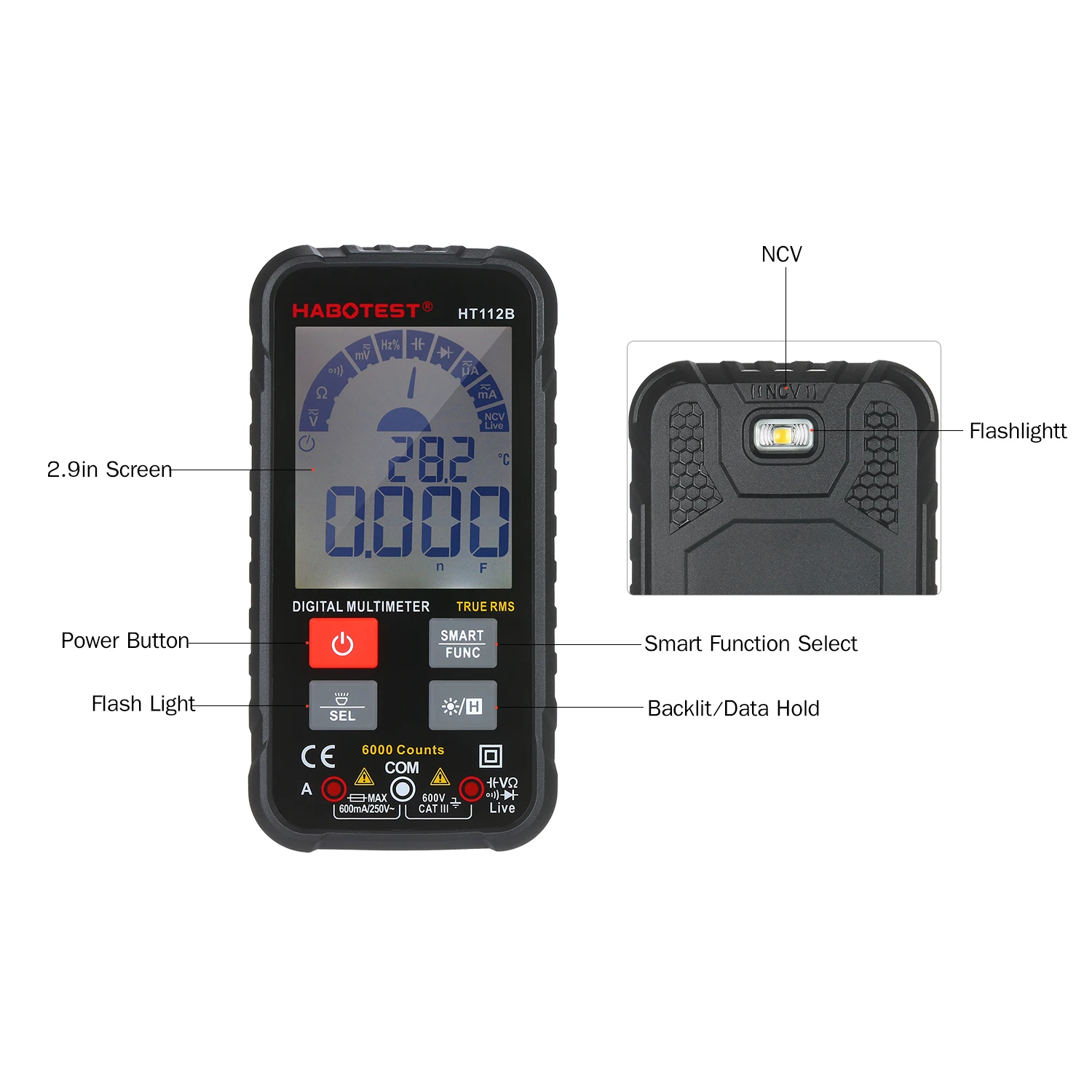 

6000 Counts TRMS Mini Digital Multimeter with Buzzer Overload protection Safety Voltage Ampere Ohm Tester Probe DC AC LCD NCV