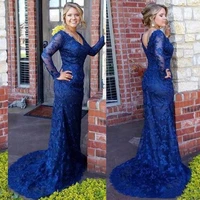 blue lace mermaid plus size mother of the bride dresses v neck long sleeves sweep train party evening gowns