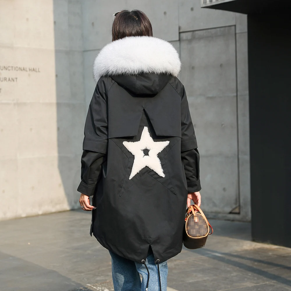 

Humoondas 2020 Winter Womens High Fashion Luxurious Real Mink Fur Liner Bomber Jacket Parka Warm Big Real Fox Hooded Coat