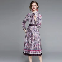 2021 autumn dress for women embroidery tie neck lapel long sleeve waist slimming printed big swing mid length dress elegant