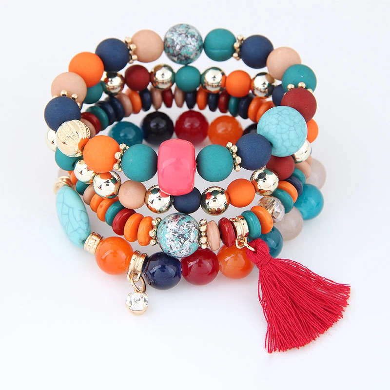 

MOFLO Women Multilayer Crystal Bracelet Bohemian Wristband Bangles Multilayer Chain Candy Beads Tassel Bracelets