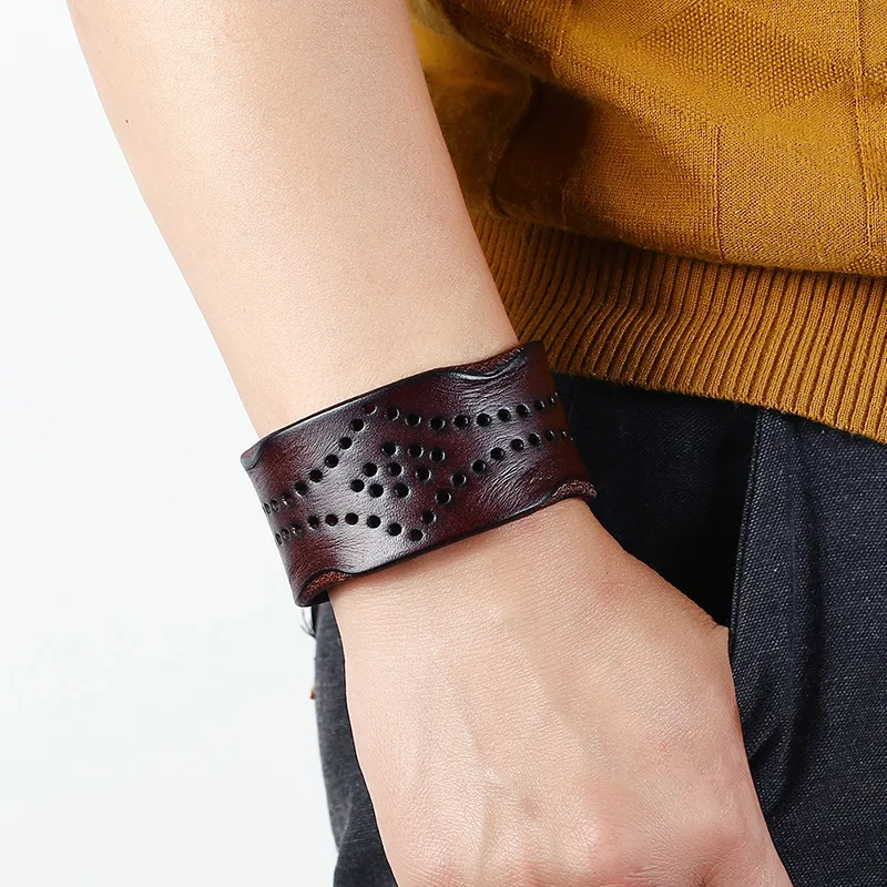 Europe and the United States simple fashion retro hollow leather punk bracelet men women wild jewelry widened | Украшения и
