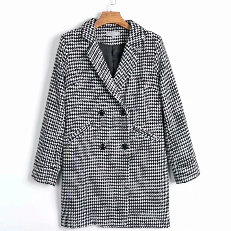 

Womens Spring Jackets Houndstooth Long Sleeve Autumn Coat Winter Plaid Outerwear Office Trench Coat Lapel Windbreaker Fashion