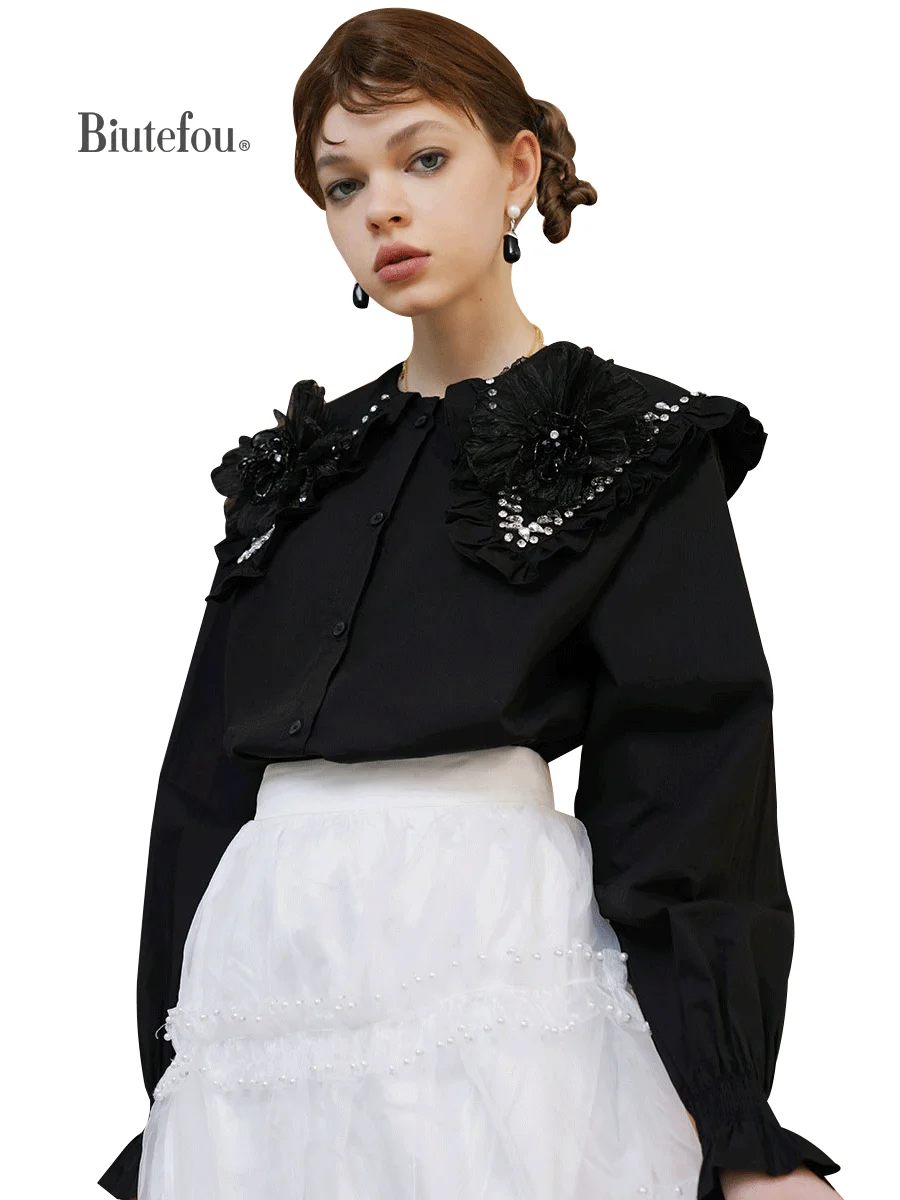 2022 Весенняя женская рубашка с воротником Питер Пэн Стразы цветочное украшение |
