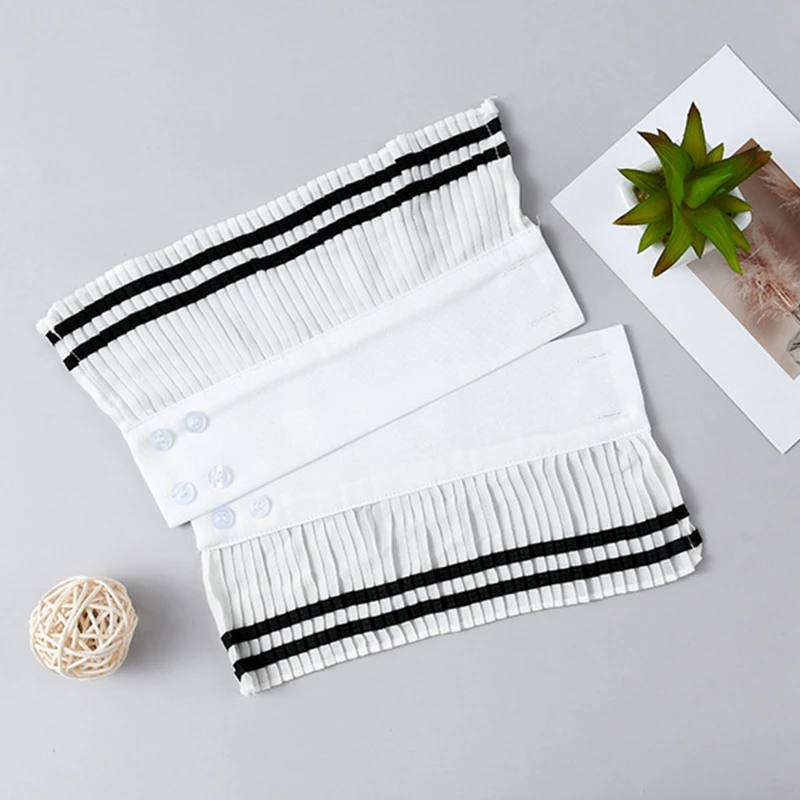 

Korean Women Preppy Style Pleated White Horn Cuffs Double Black Stripes Detachable Fake Sleeves Decorative Wristband