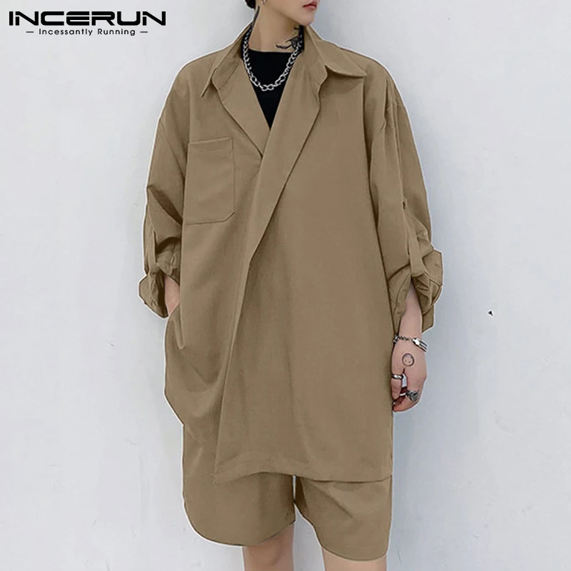 

Мужской комплект из 2 предметов, Однотонная рубашка с отложным воротником и длинными рукавами и шорты с поясом, уличная мода, модный мужской ...